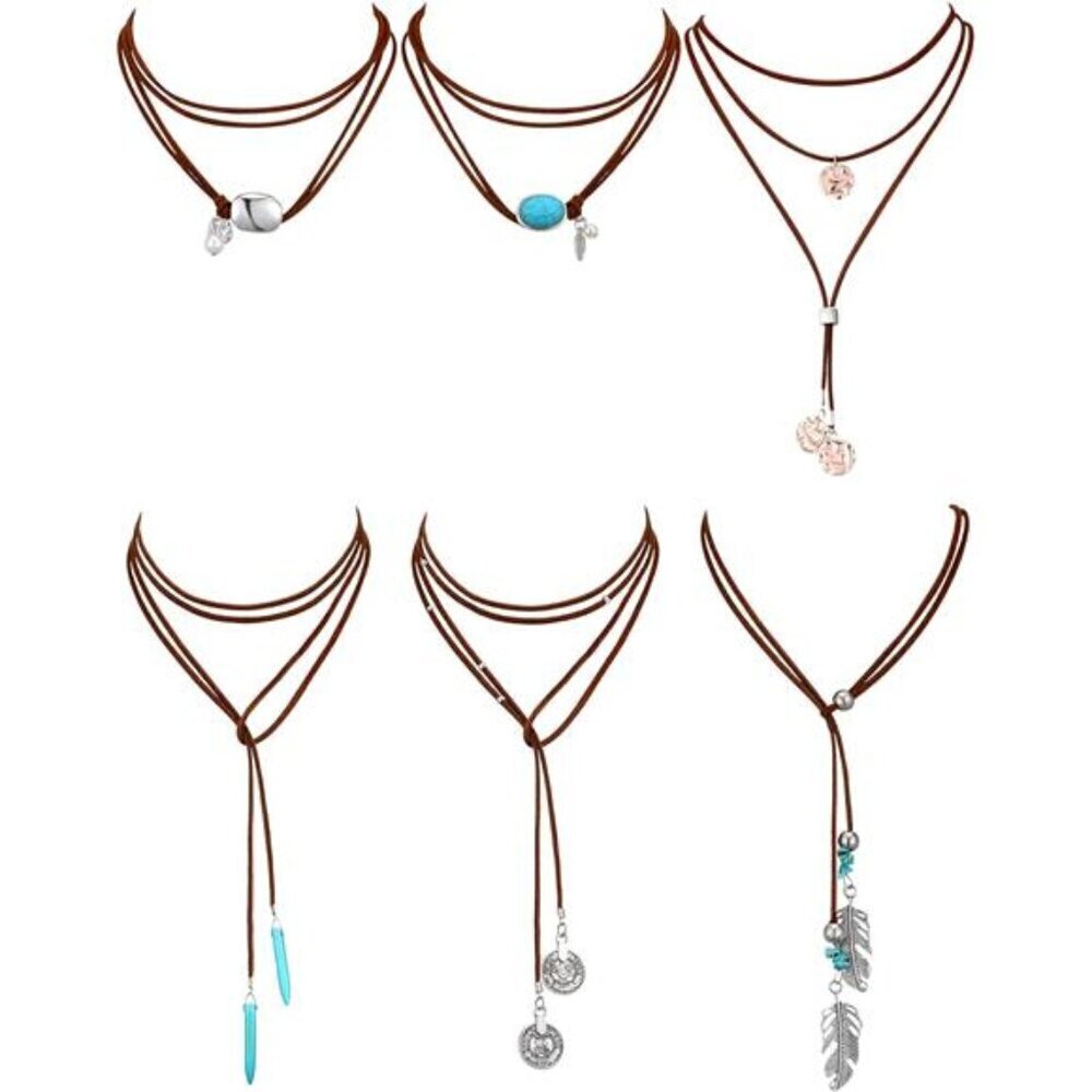 6 Pcs Bohemian Necklaces for Women Turquoise Necklace Suede Choker Western